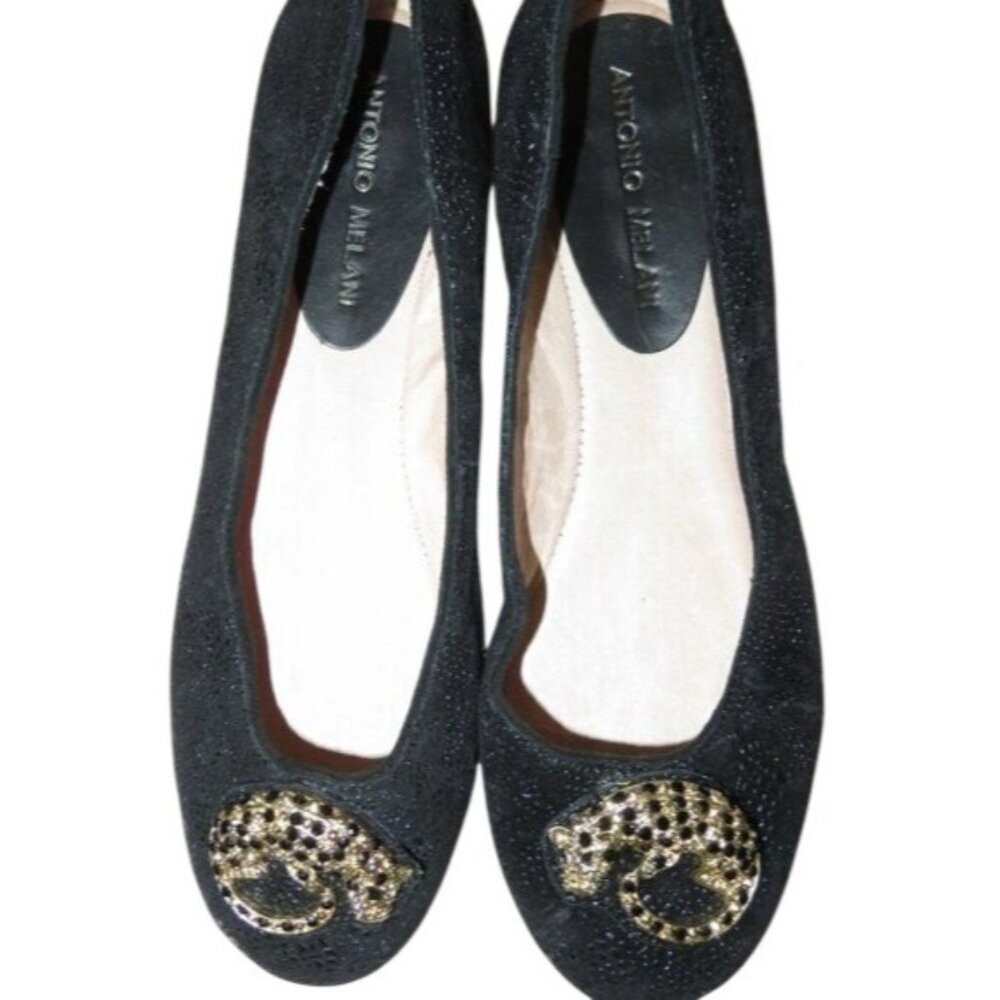Antonio Melani Black Sparkle Embellished Gold Jaguar Ballet Flats size 7.5